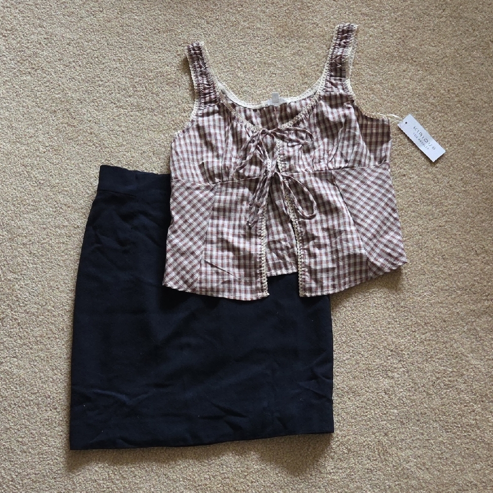 KIRIOUS Brown Checkered Top NWT and BEBE Wool Black Mini Skirt Set BUNDLE Sz L
